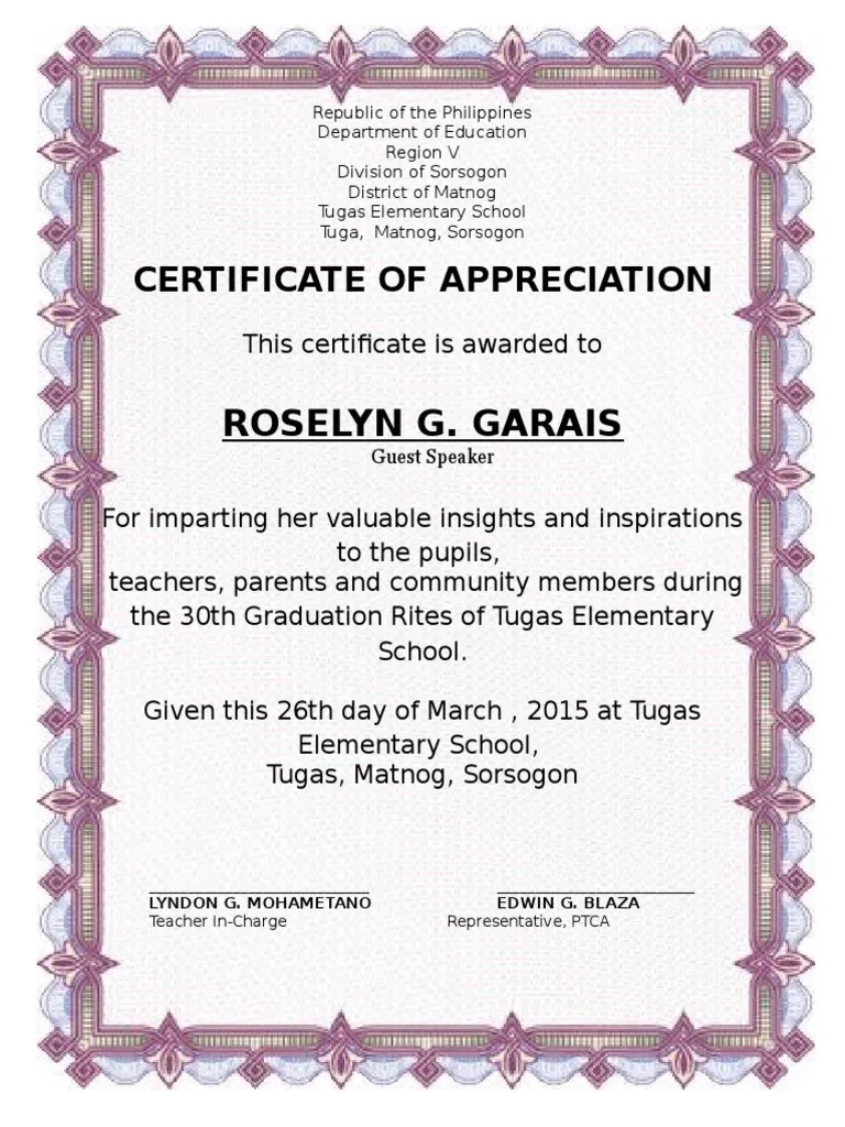 Certificate to Guest Speaker Schools Further Education