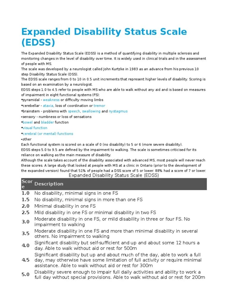 Expanded Disability Status Scale (EDSS) Scor e Description Multiple