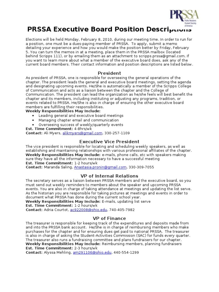 Exec Board Position Descriptions, Memo Examples Chief Executive