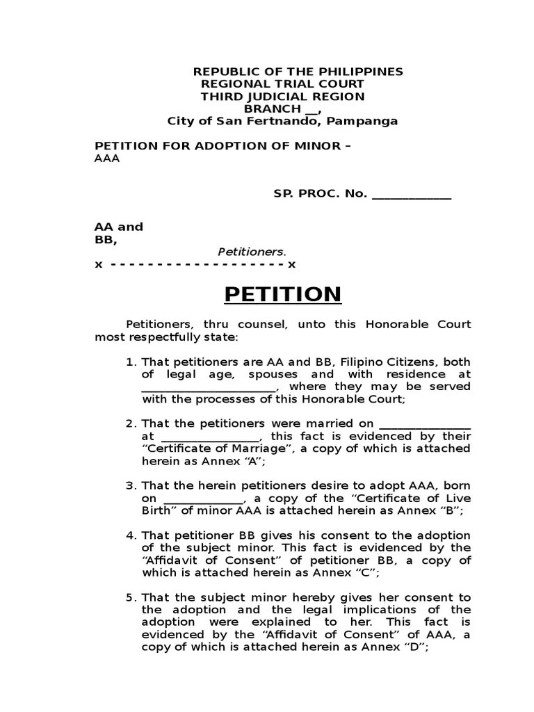 Sample Petition For Adoption PDF Prayer Public Law