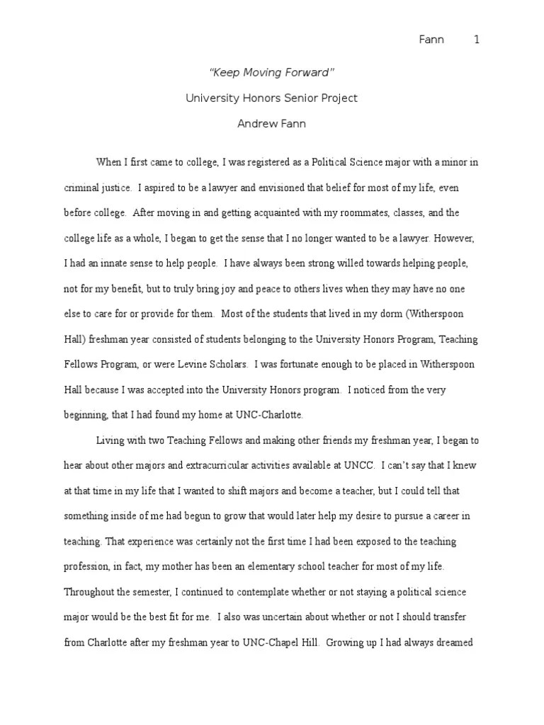 UNCCharlotte University Honors Senior Reflective Essay Teachers