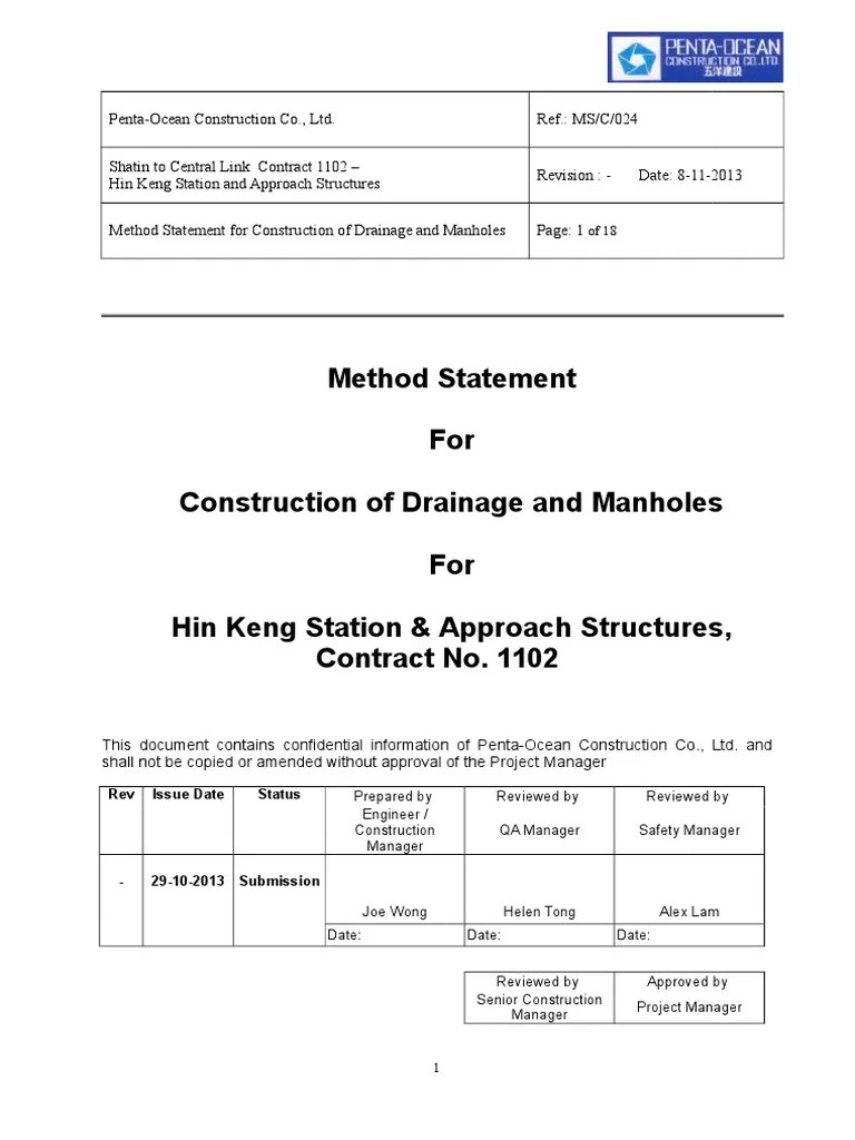Method Statement for Construction of Drainage and Manholes Deep