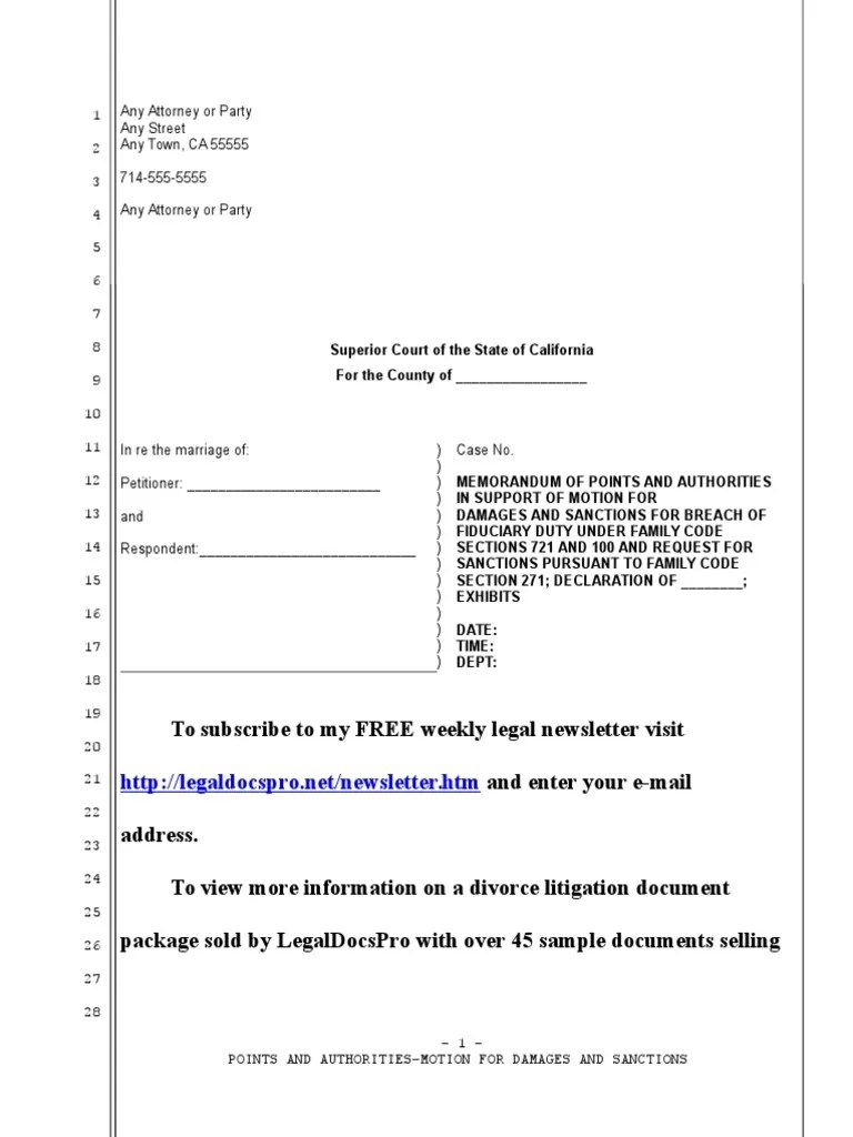 Sample Motion for Family Code section 271 Sanctions in California