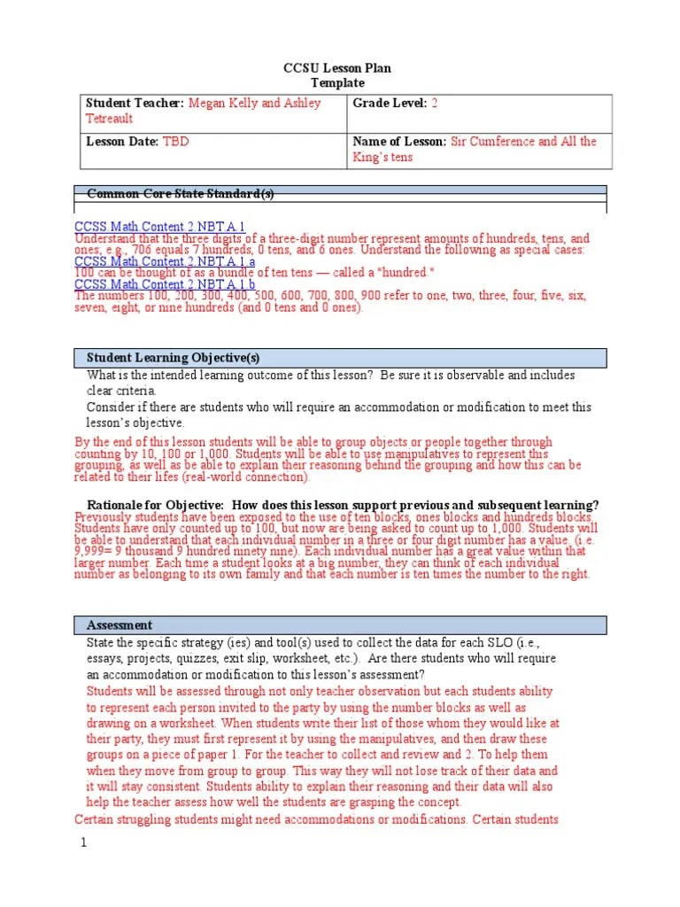 CCSU Lesson Plan Template Student Teacher Grade Level Lesson Date Name of Lesson PDF