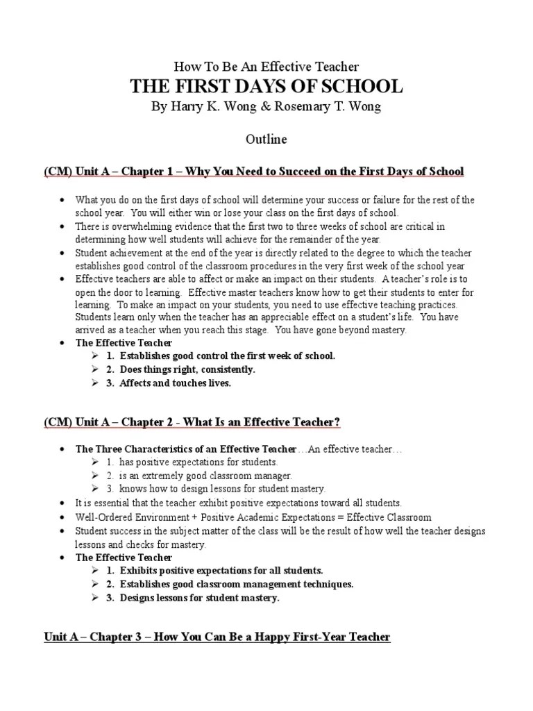 The First Days Of School How To Be An Effective Teacher By Harry K. Wong & Rosemary T. Wong Outline