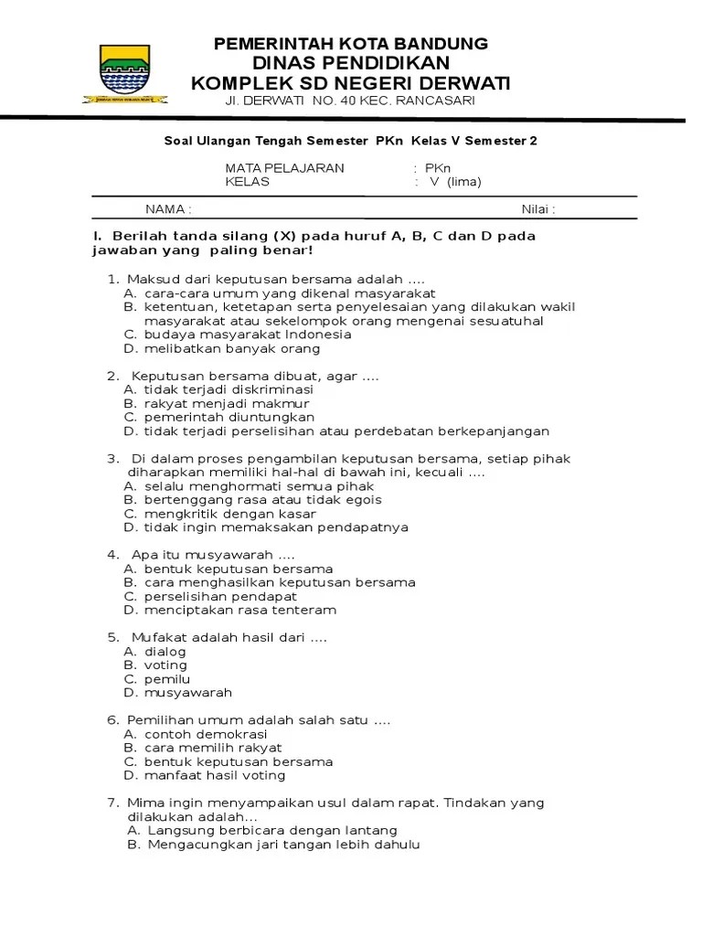 Soal UTS PKN Kelas 5 Semester 2 | PDF