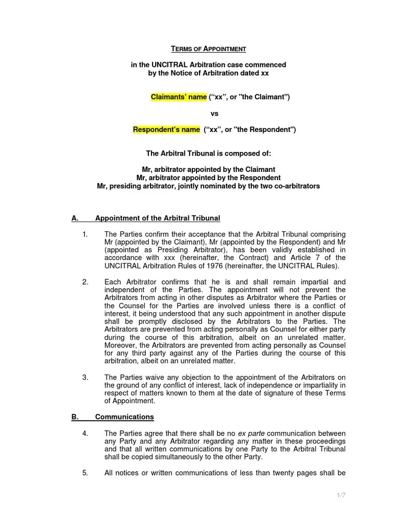 07 Sample Terms of Appointment Arbitral Tribunal Arbitration