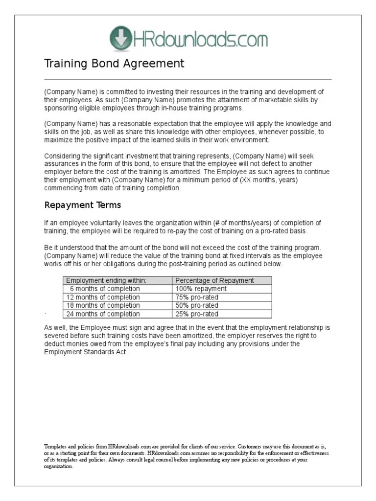Training Bond Agreement Bonds (Finance) Employment