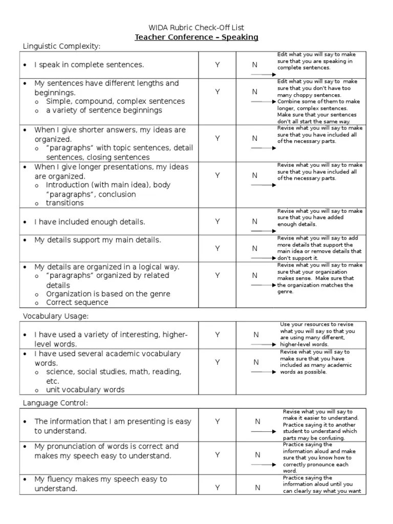 wida rubric check speaking English Language Sentence (Linguistics)