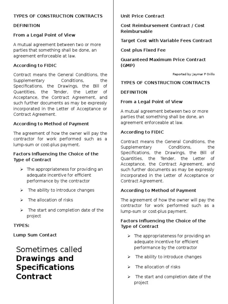 Types of Construction Contracts General Contractor Prices