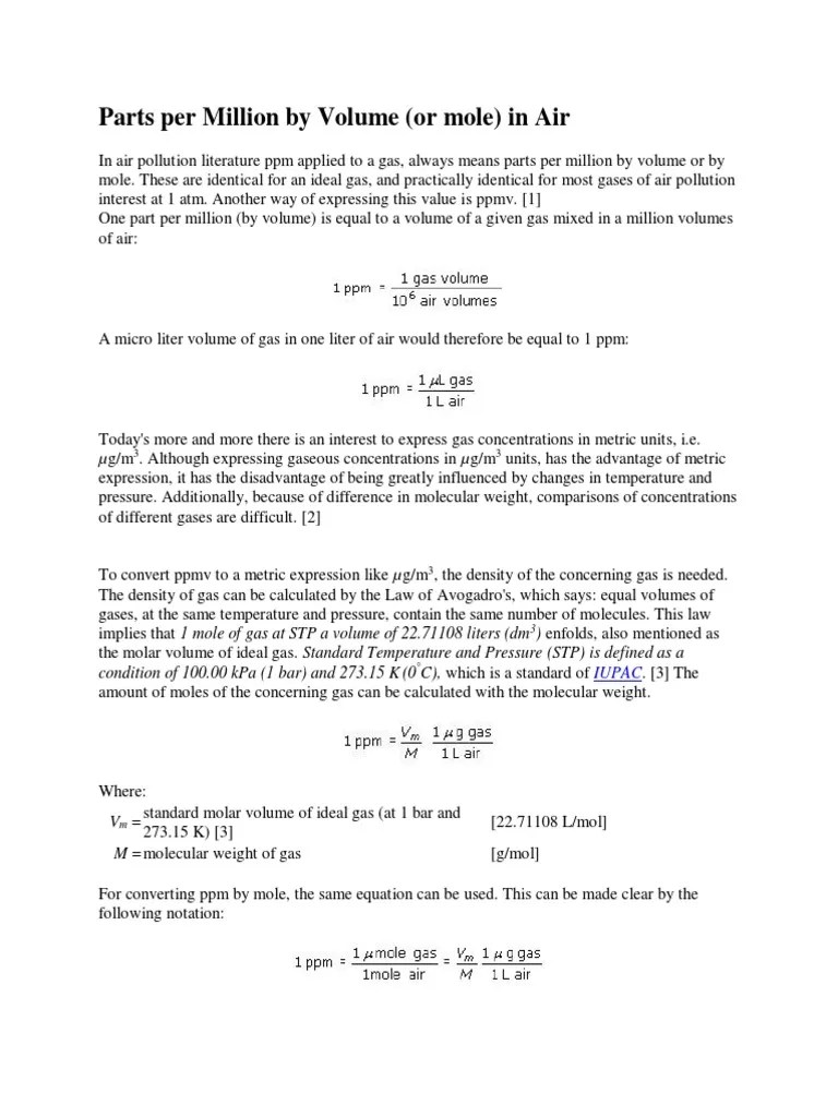 Parts Per Million by Volume PDF Parts Per Notation Gases