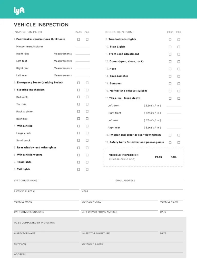 Lyft TNC Vehicle Inspection Form