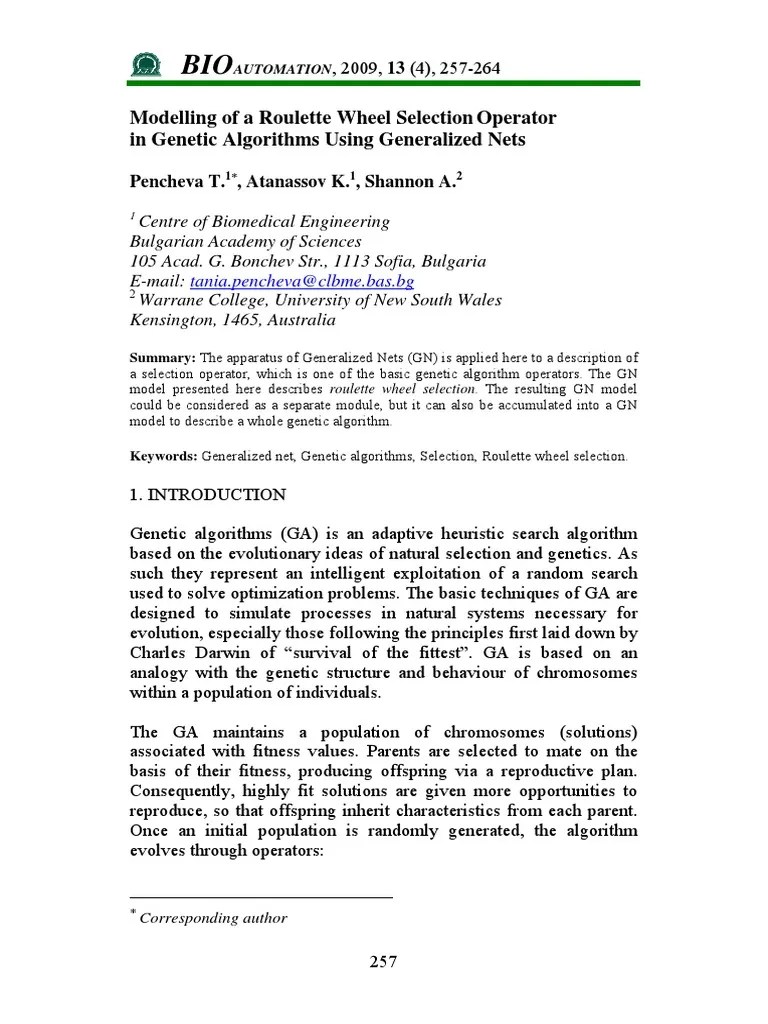 Roulette Wheel PDF Algorithm Natural Selection