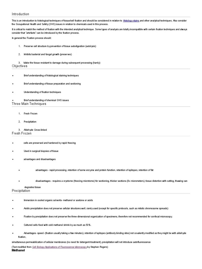 Fixatives Fixation (Histology) Histology