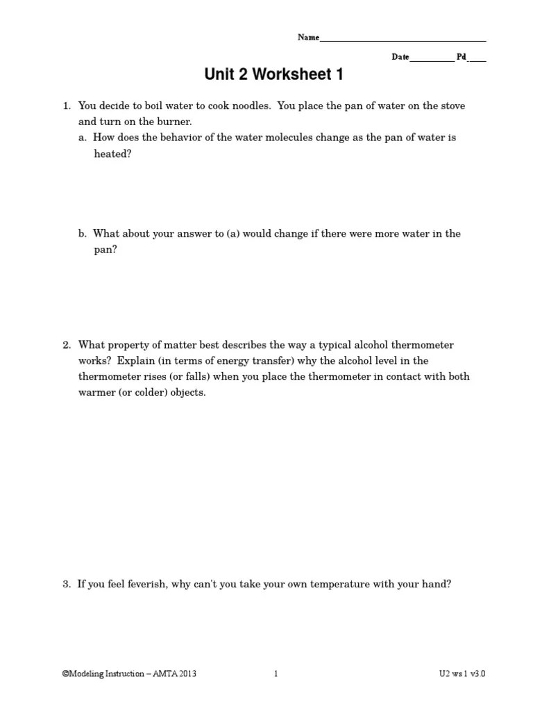Chemistry Unit 2 Worksheet 1 PDF Thermometer Temperature