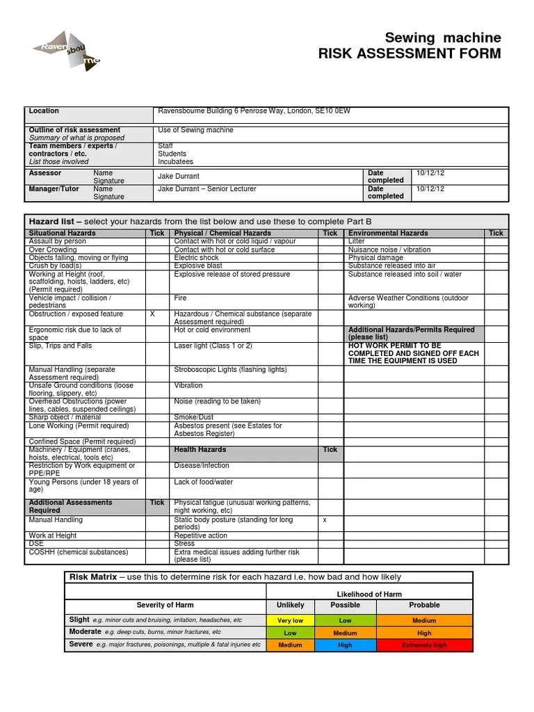 Sewing Machine Risk Assessment Hazards Risk
