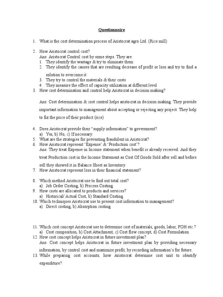 Questionnaire For Cost Accounting PDF Cost Of Goods Sold Cost