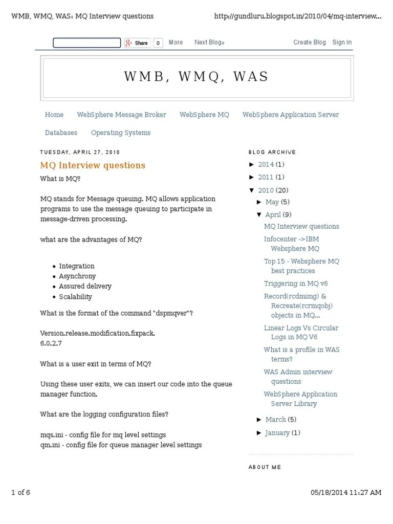 WMB WMQ WAS MQ Interview Questions Areas Of Computer Science