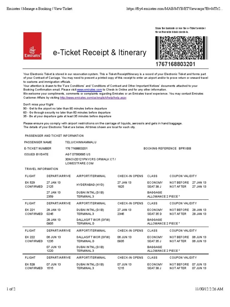 eTicket Receipt & Itinerary Emirates Manage a Booking View Ticket
