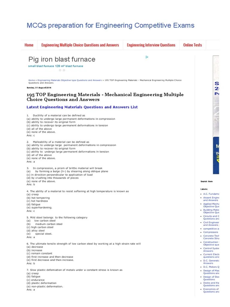 195 TOP Engineering Materials Mechanical Engineering Multiple Choice