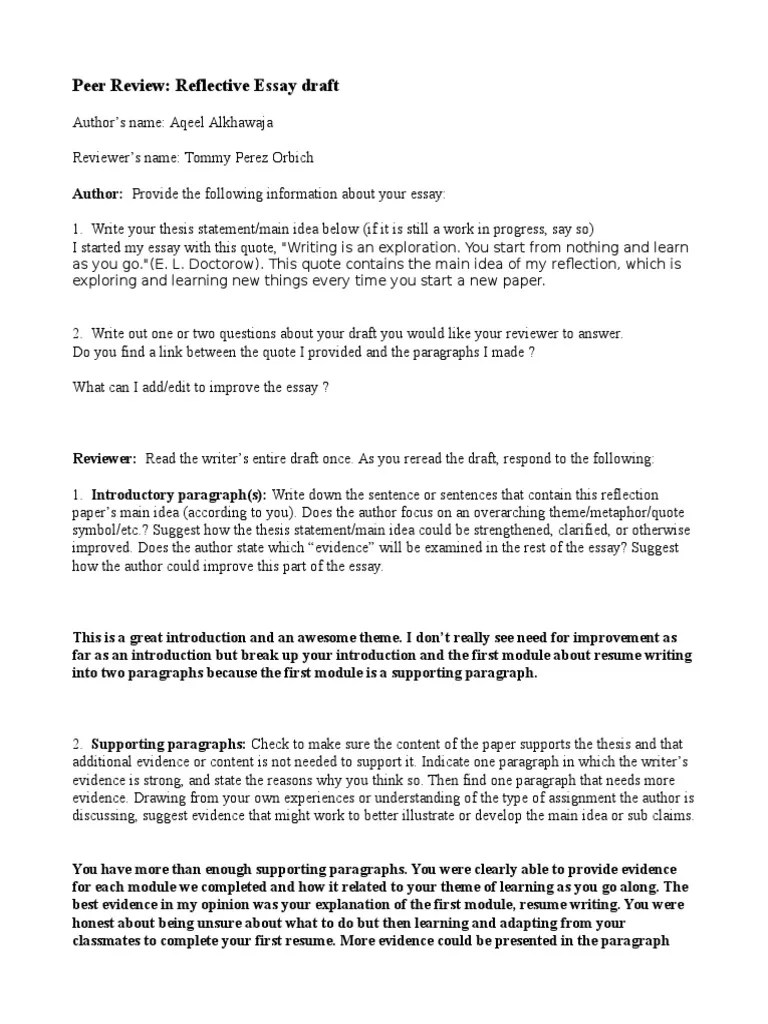 Reflective Essay Peer Review Essays Paragraph