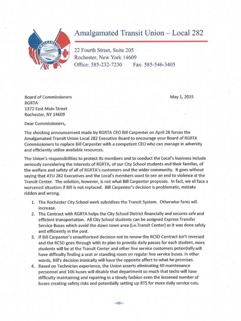 ATU Local 282 letter to RGRTA