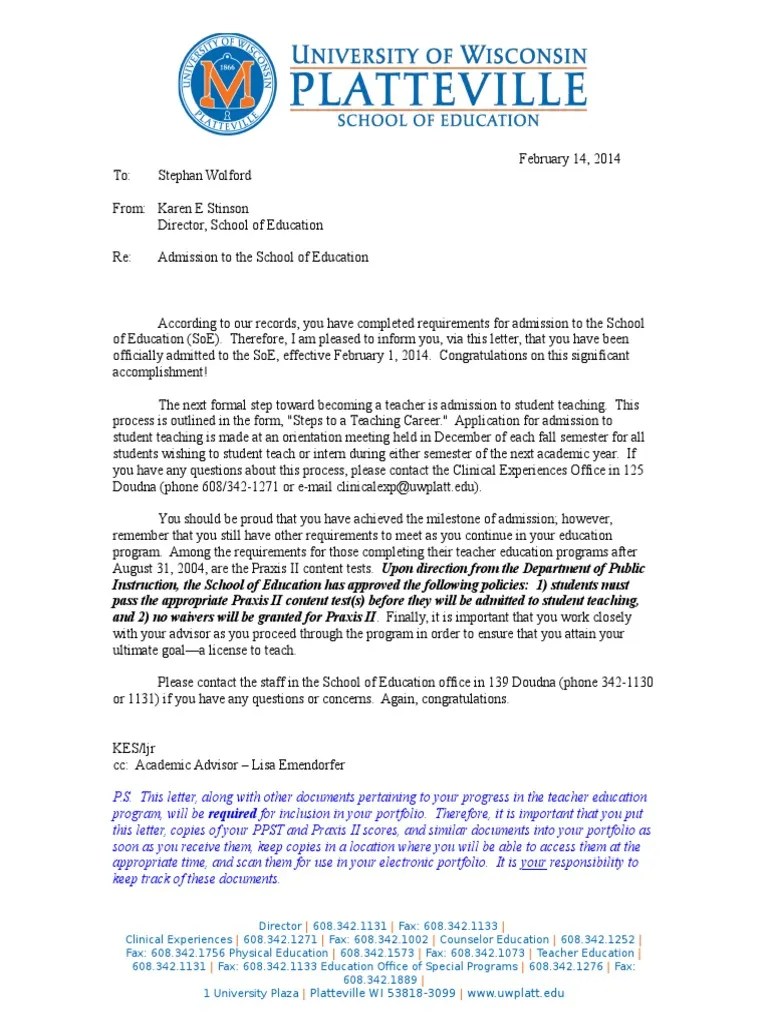 notice of admission letter 2014 Teachers Teaching