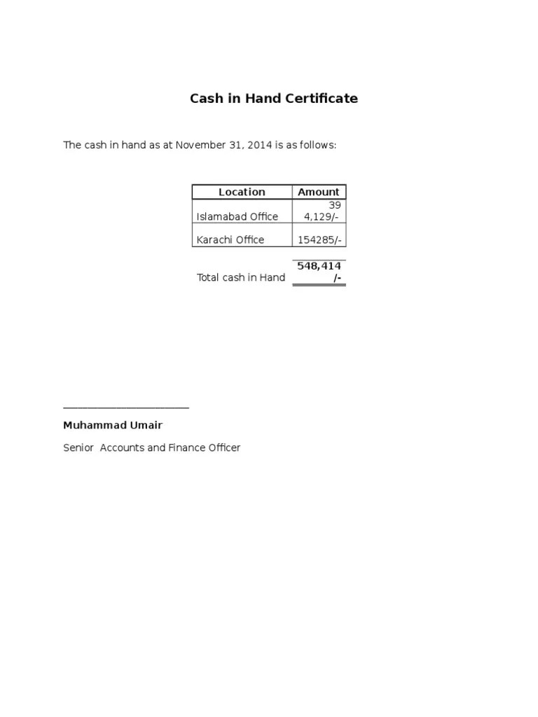 Cash in Hand Certificate 30 Dec 2014