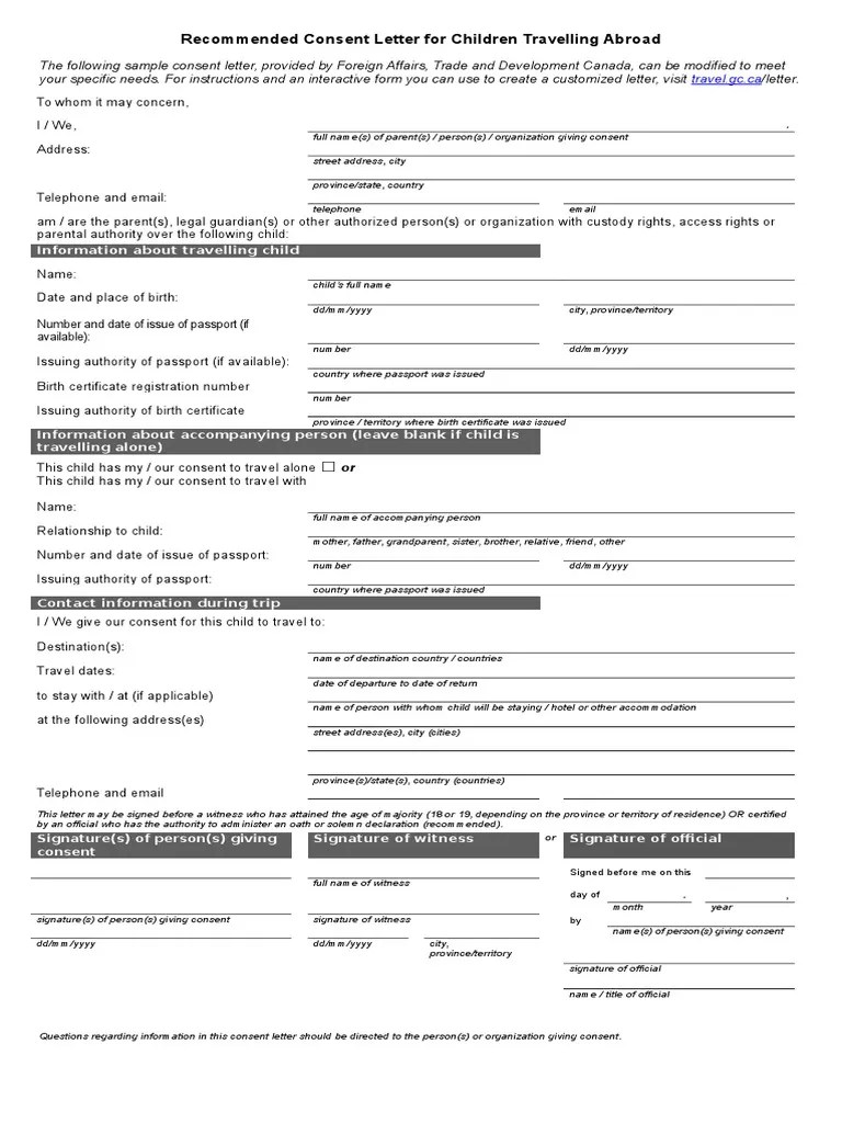 Sample Travel Consent Letter For Children PDF Birth