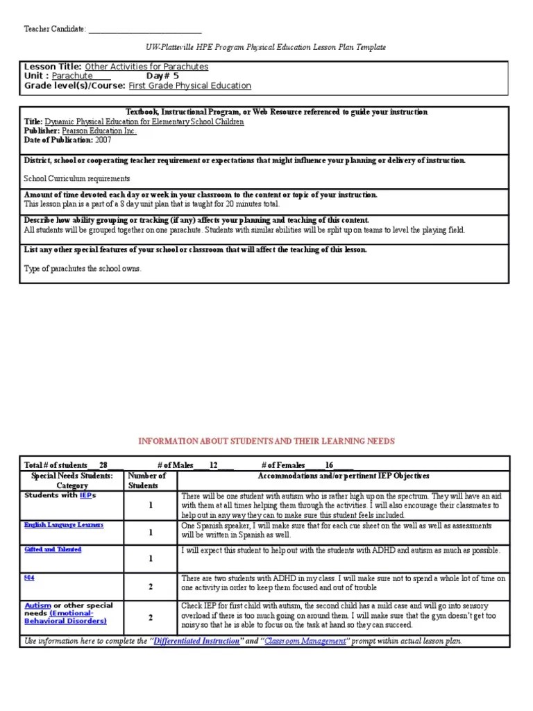 edtpa pe lesson plan template methods Lesson Plan Physical Education