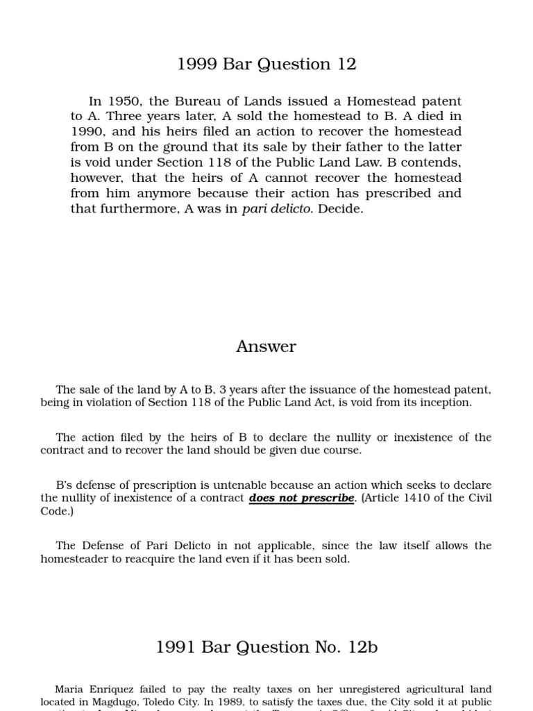 Bar Questions Presentation in Civil Law PDF Laches (Equity) Lawsuit