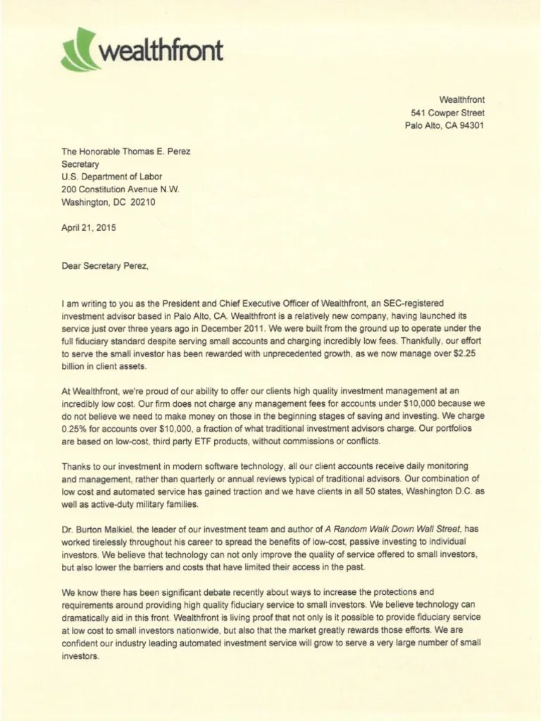 Letter to Secretary Perez From Wealthfront