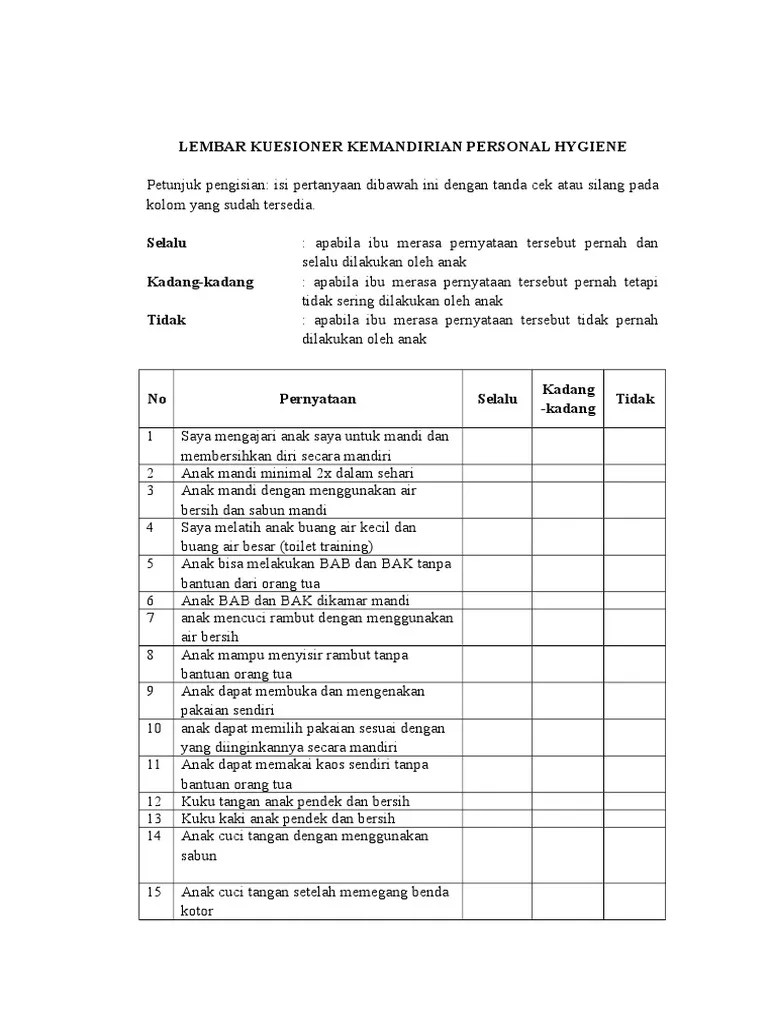 Lembar Kuesioner Kemandirian Personal Hygiene
