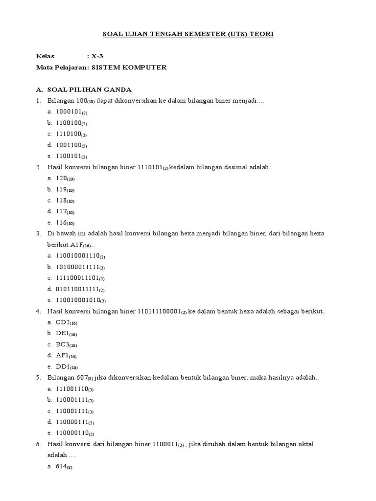 Soal Uts Sistem Komputer Kelas 10 Semester 1 Rpl
