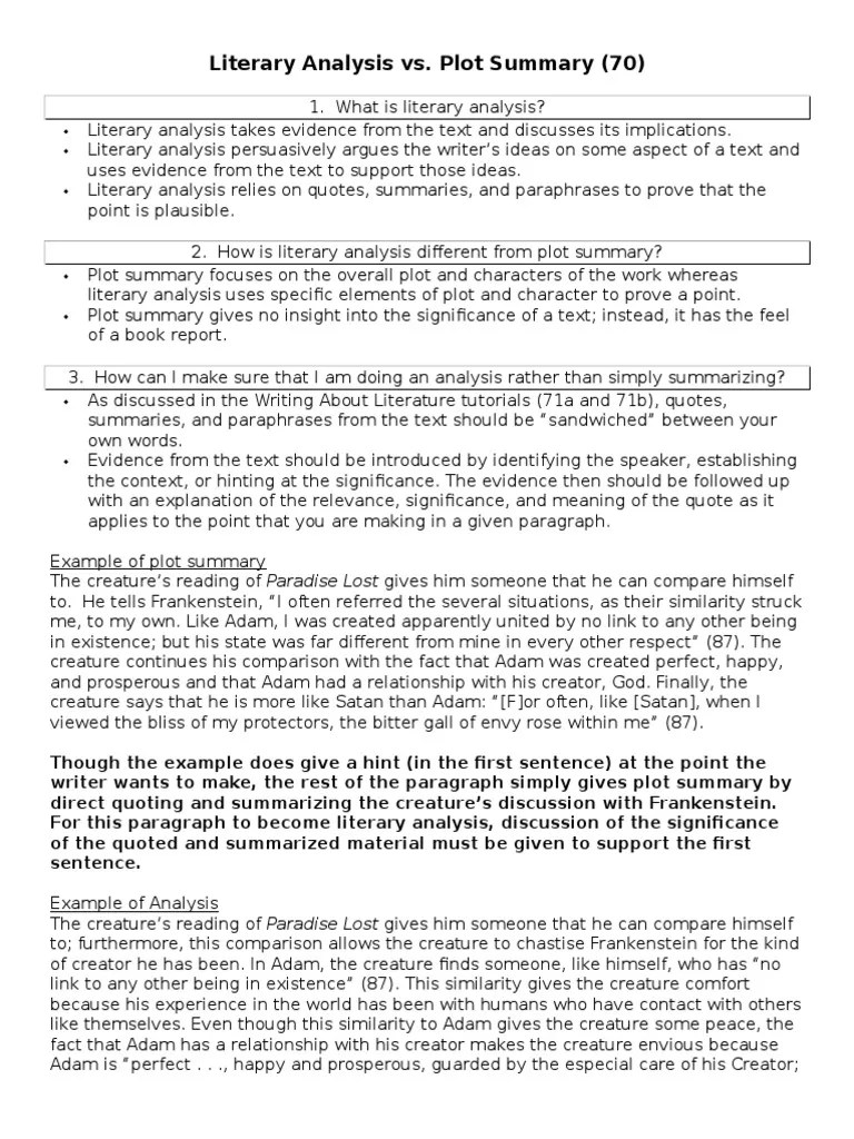 literary analysis vs plot summary Frankenstein