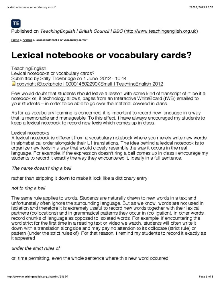Lexical Notebooks or Vocabulary Cards Vocabulary Lexicon