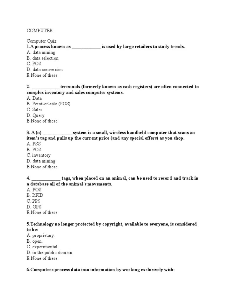 Computer QUIZ PDF Computer Data Storage Bit