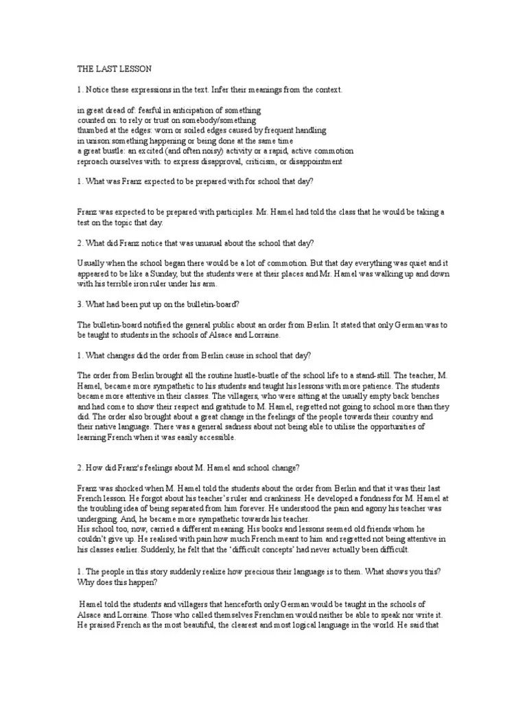 The Last Lesson Short Ans 2 PDF Franco Prussian War Languages