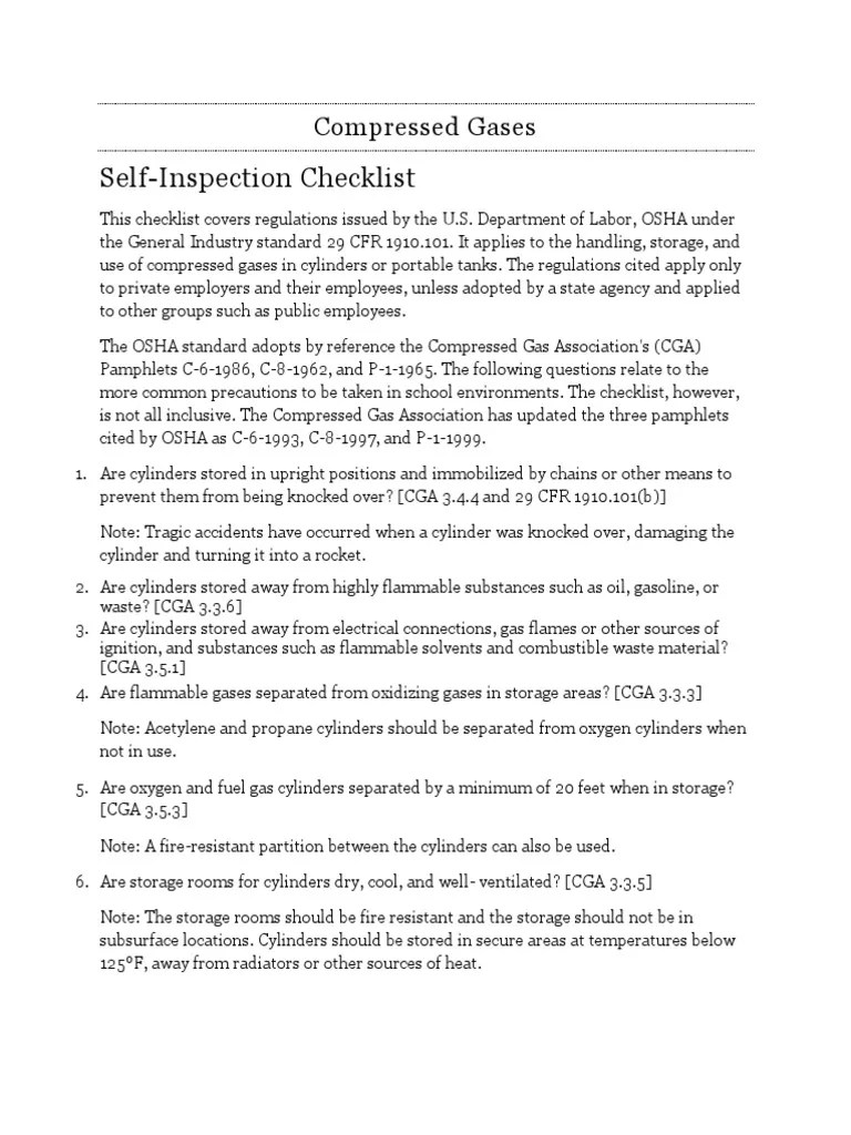 Compressed Gases Self Inspection Checklist Gases Chemical Process