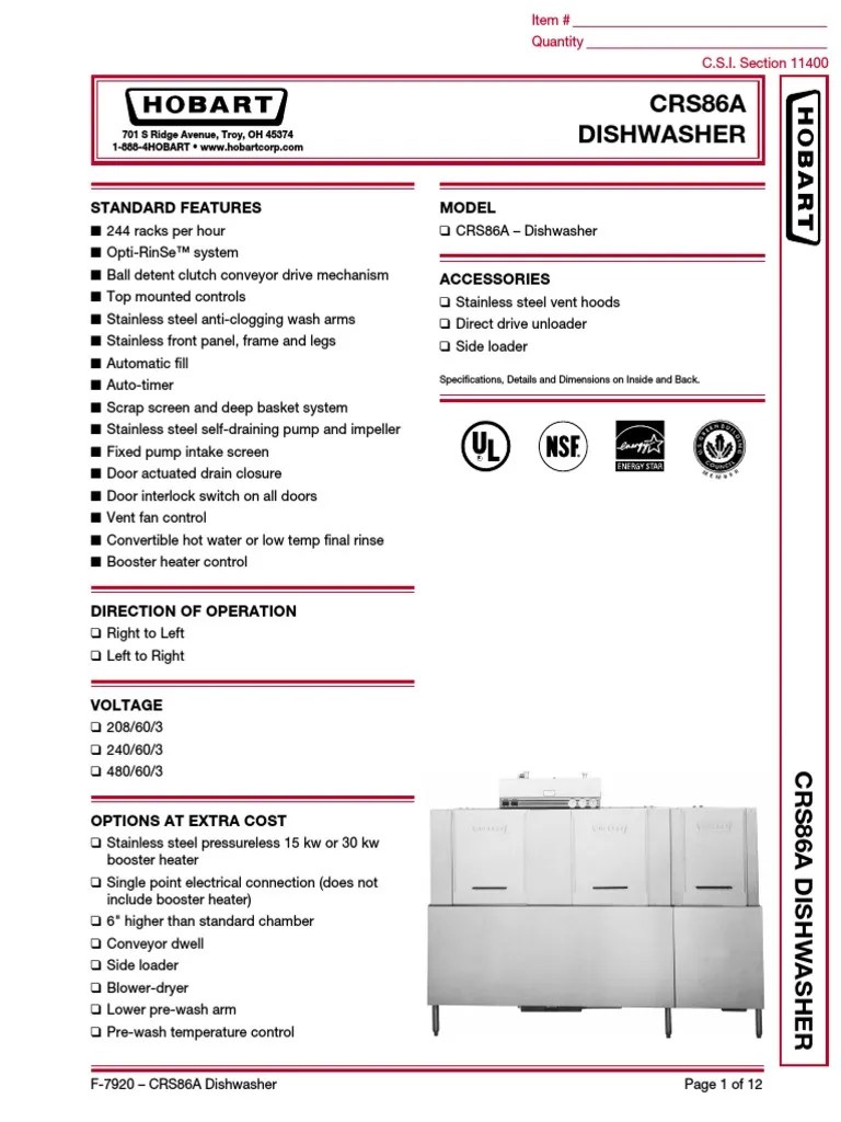 Hobart CRS86A Dishwasher PDF Dishwasher Thermostat