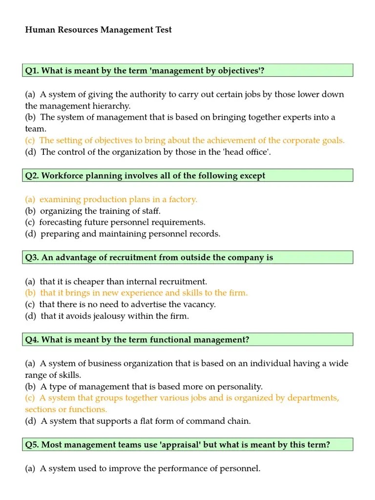 Human Resources Management Test Mcq Recruitment Human Resource