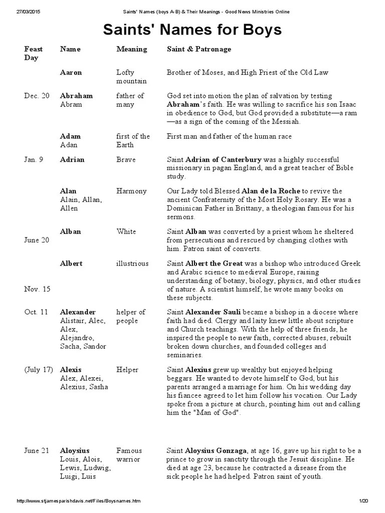Saints' Names (Boys aB) & Their Meanings Good News Ministries Online