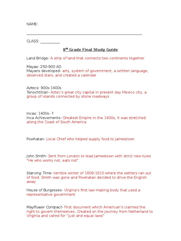 8th grade final study guide good answers American Civil