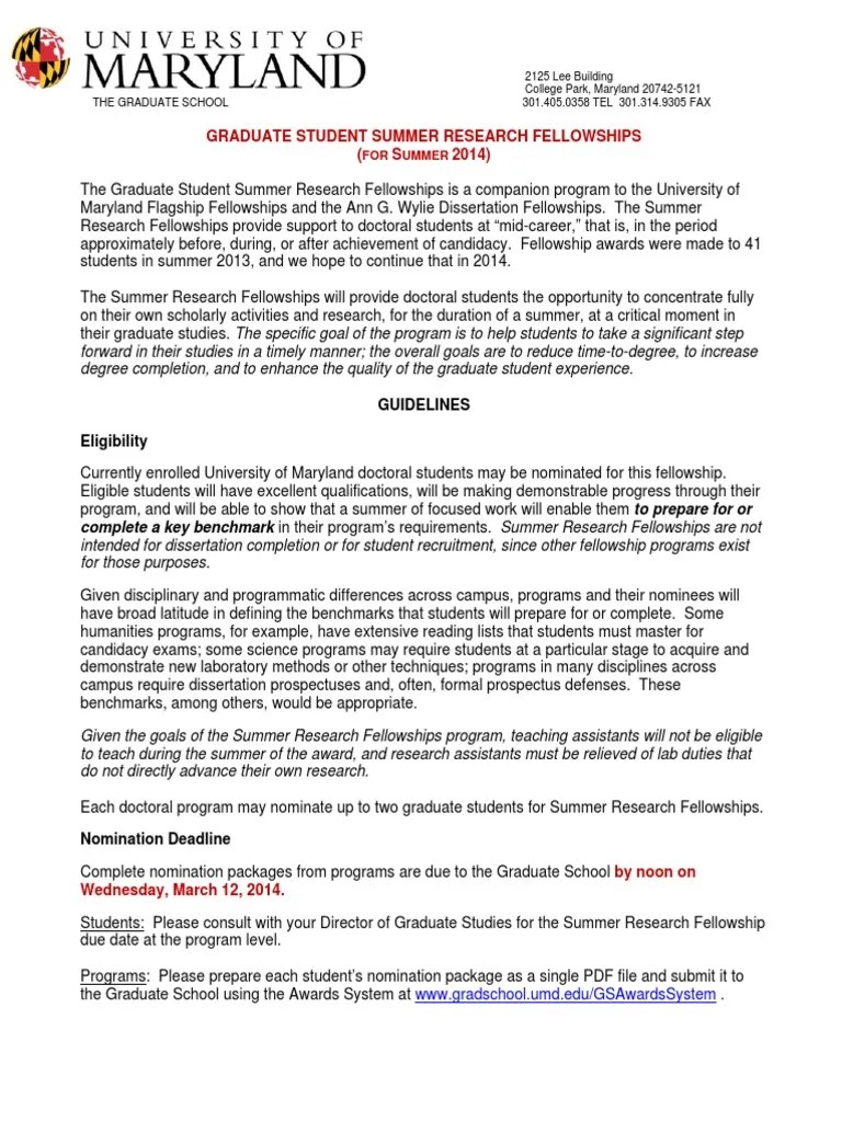 Graduate Student Summer Research Fellowships ( S 2014) Guidelines