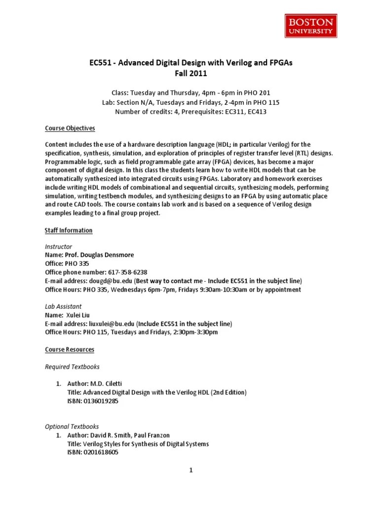 EC551Fall2011 Advanced Digital Design With Verilog & FPGAs Hardware