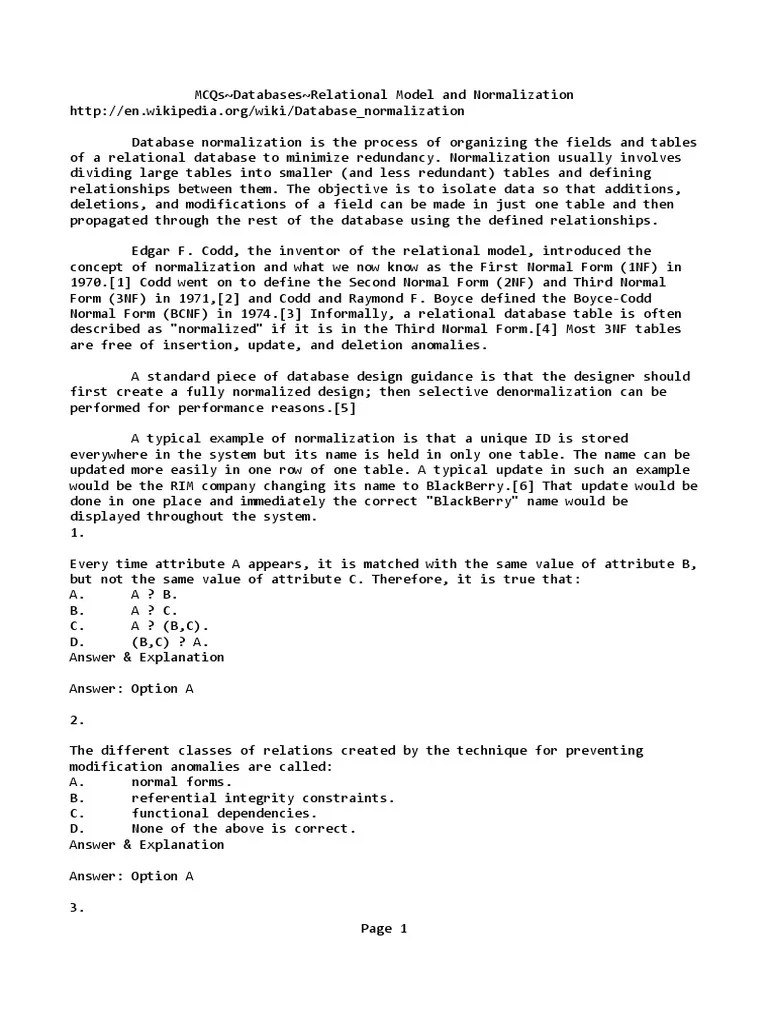 MCQsDatabasesRelational Model and Normalization Notepad