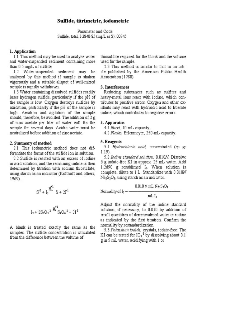 Iodometric Method of Sulfide Determination Titration Chemistry