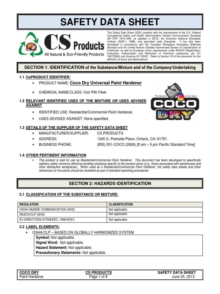 Coco Dry Msds 2013 Dangerous Goods Resource Conservation And Recovery Act
