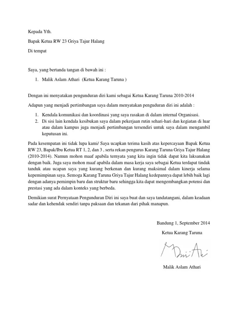 Contoh Surat Pengunduran Diri Ketua Pemuda Contoh Surat Pengunduran