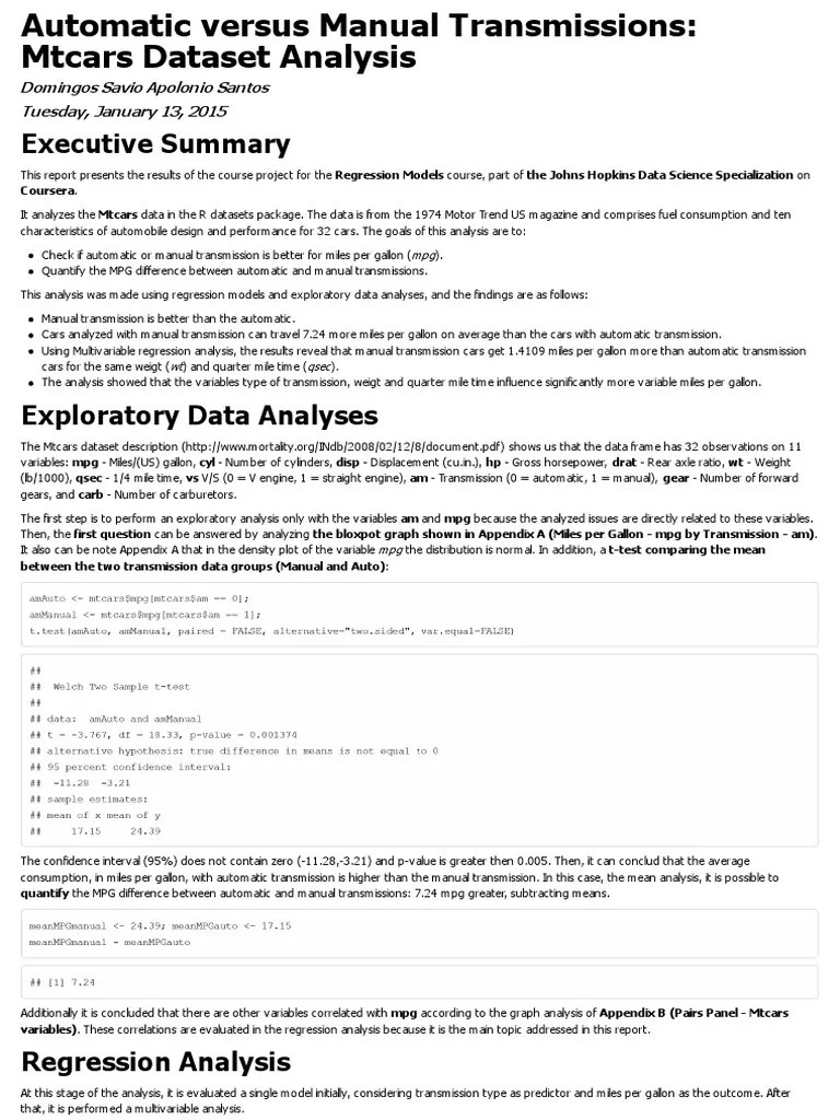 Automatic Versus Manual Transmissions Mtcars Dataset Analysis
